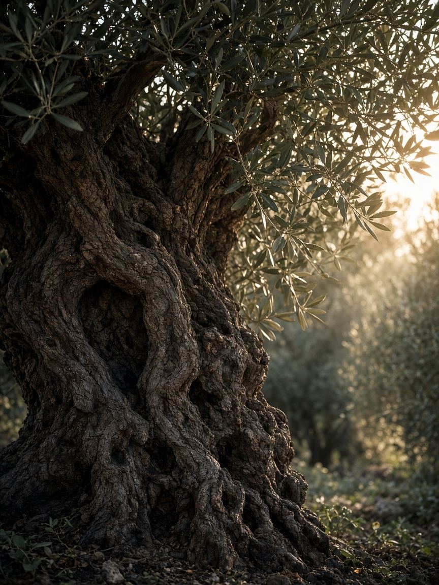 Gnarled trunk of an old olive tree in a grove (AI-generated placeholder, not a specific CRU tree)