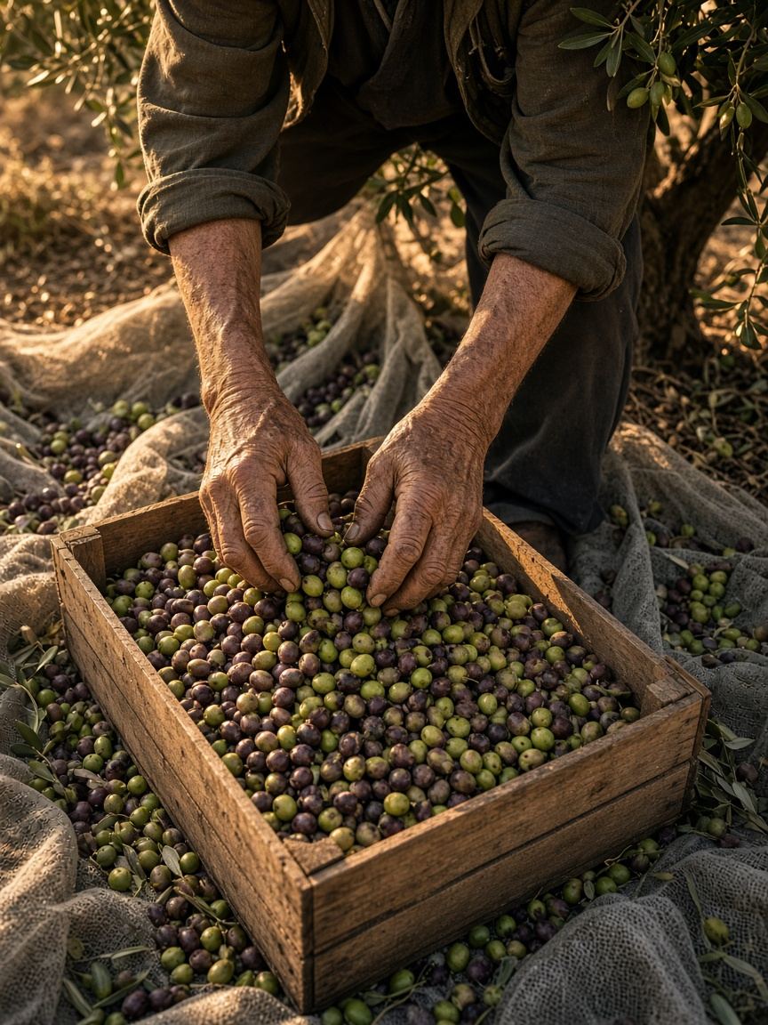 Hands picking green and dark olives from a branch (AI-generated placeholder, not a documented CRU harvest)