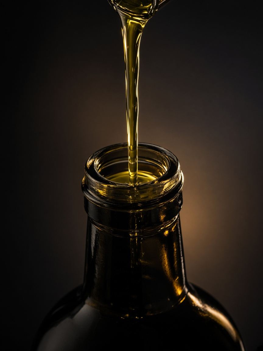 Golden olive oil being poured into a glass bottle (AI-generated placeholder, not a CRU lot)