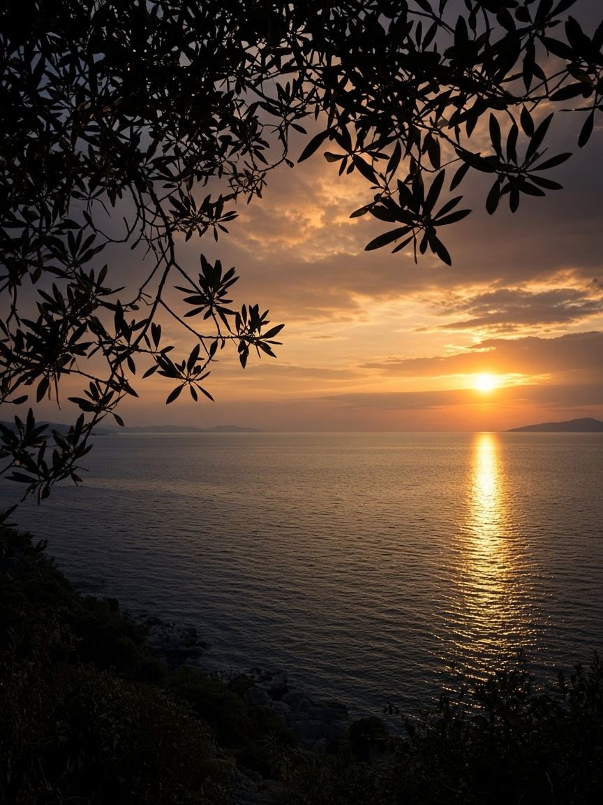 Calm sea at sunrise framed by an olive branch (AI-generated placeholder)