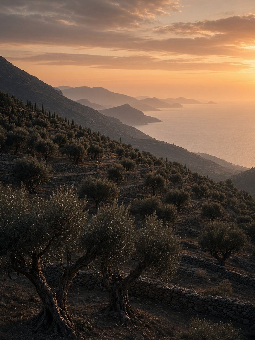 Terraced olive groves on a hillside at golden hour, sea in the distance (AI-generated placeholder, not a real CRU grove)